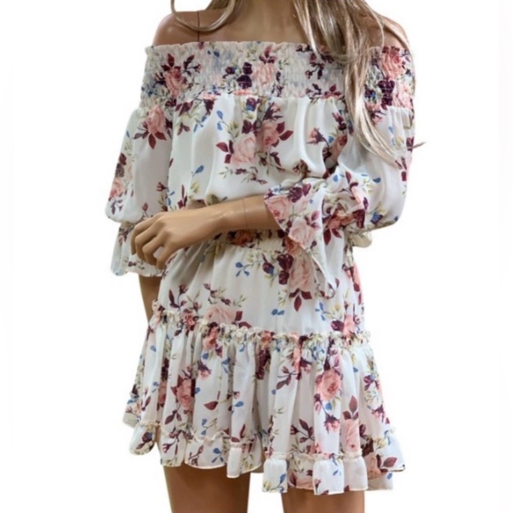MISA Los Angeles Darla Feminine Cream Floral Off-Shoulder Ruffle Mini Dress M